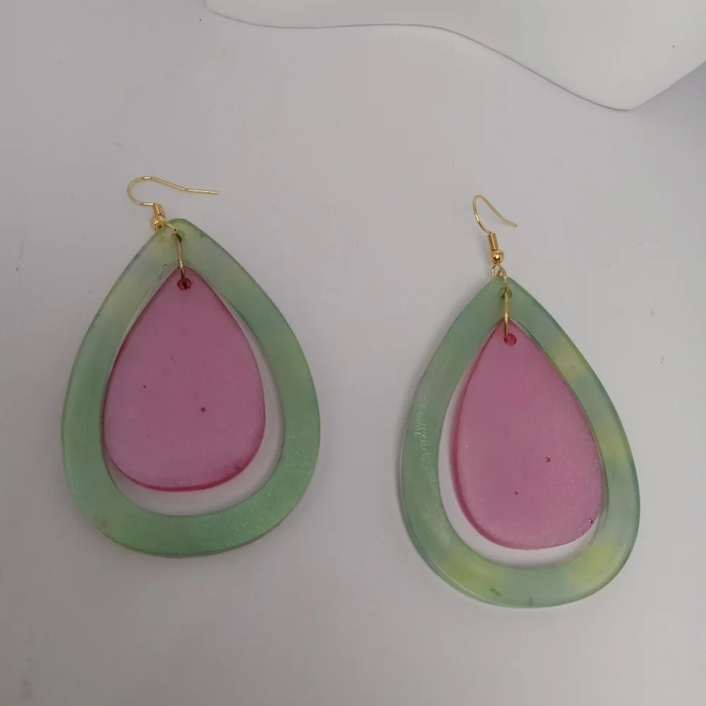 Pink and green resin earrings